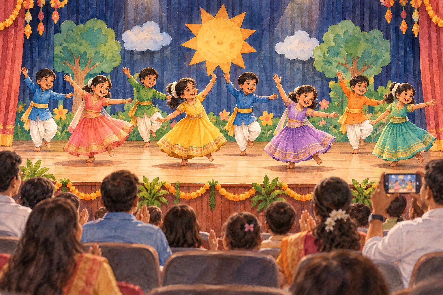 Watercolor illustration of children performing on stage for families