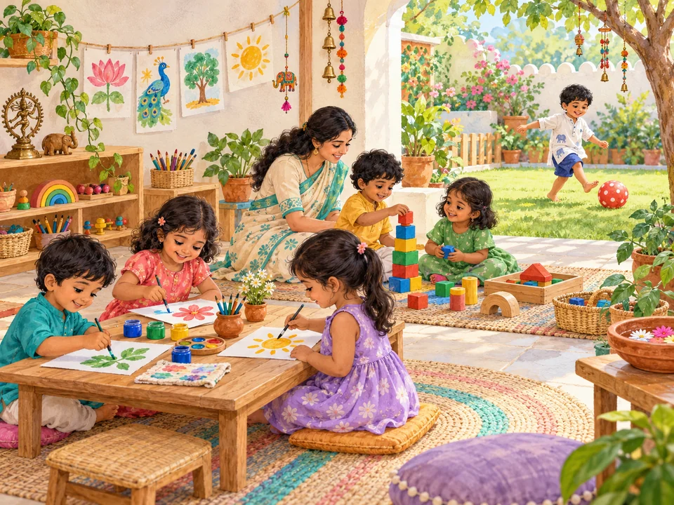 Watercolor illustration of children exploring art, counting, and outdoor play